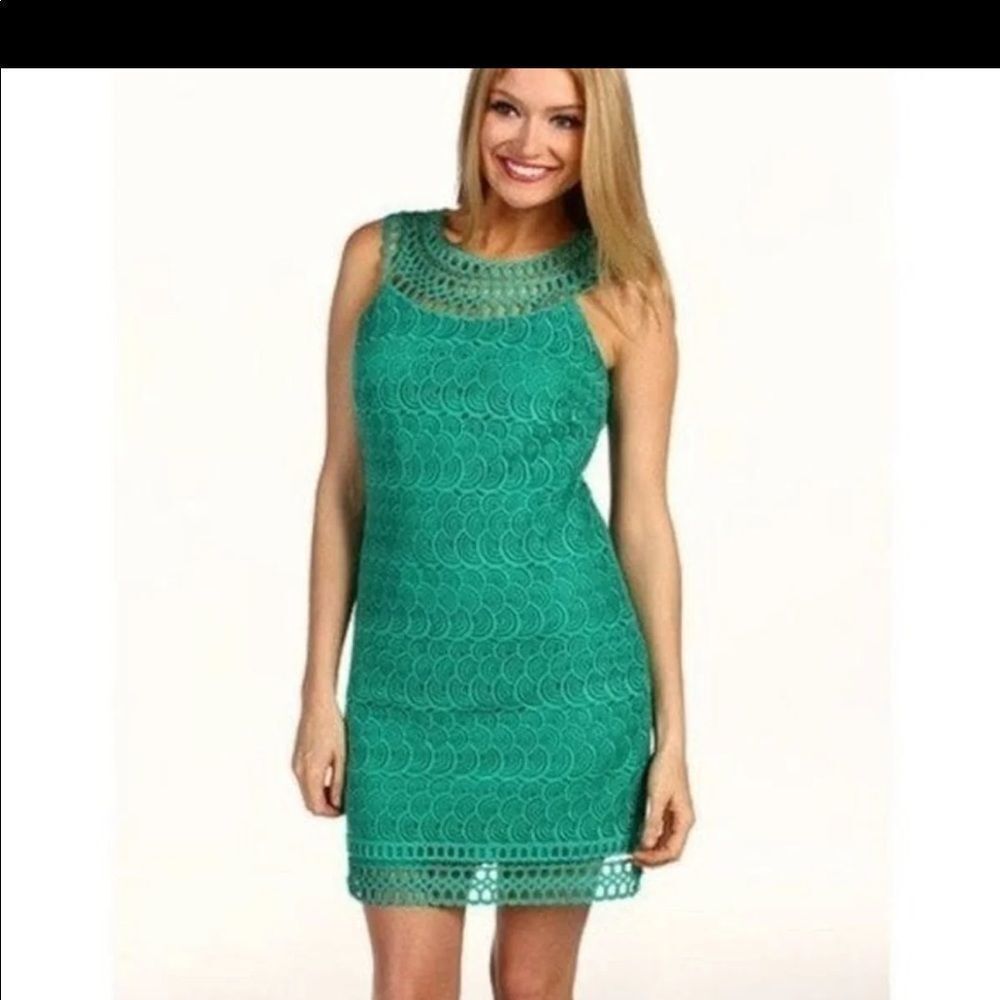 Laundry by Shelli Segel Green Dress Scalloped Crochet Sleeveless Sheath Mini